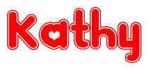 The image is a red and white graphic with the word Kathy written in a decorative script. Each letter in  is contained within its own outlined bubble-like shape. Inside each letter, there is a white heart symbol.