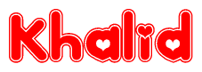 The image is a clipart featuring the word Khalid written in a stylized font with a heart shape replacing inserted into the center of each letter. The color scheme of the text and hearts is red with a light outline.