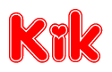 The image is a red and white graphic with the word Kik written in a decorative script. Each letter in  is contained within its own outlined bubble-like shape. Inside each letter, there is a white heart symbol.