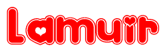 The image is a red and white graphic with the word Lamuir written in a decorative script. Each letter in  is contained within its own outlined bubble-like shape. Inside each letter, there is a white heart symbol.