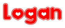 The image is a red and white graphic with the word Logan written in a decorative script. Each letter in  is contained within its own outlined bubble-like shape. Inside each letter, there is a white heart symbol.