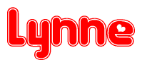 The image is a red and white graphic with the word Lynne written in a decorative script. Each letter in  is contained within its own outlined bubble-like shape. Inside each letter, there is a white heart symbol.
