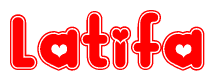 The image is a red and white graphic with the word Latifa written in a decorative script. Each letter in  is contained within its own outlined bubble-like shape. Inside each letter, there is a white heart symbol.