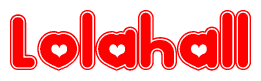 The image is a clipart featuring the word Lolahall written in a stylized font with a heart shape replacing inserted into the center of each letter. The color scheme of the text and hearts is red with a light outline.