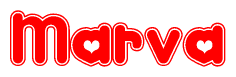 The image displays the word Marva written in a stylized red font with hearts inside the letters.