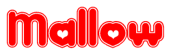 The image is a red and white graphic with the word Mallow written in a decorative script. Each letter in  is contained within its own outlined bubble-like shape. Inside each letter, there is a white heart symbol.