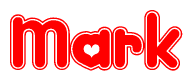 The image is a clipart featuring the word Mark written in a stylized font with a heart shape replacing inserted into the center of each letter. The color scheme of the text and hearts is red with a light outline.