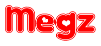 The image is a clipart featuring the word Megz written in a stylized font with a heart shape replacing inserted into the center of each letter. The color scheme of the text and hearts is red with a light outline.
