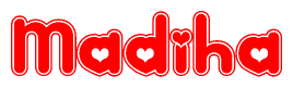 The image is a clipart featuring the word Madiha written in a stylized font with a heart shape replacing inserted into the center of each letter. The color scheme of the text and hearts is red with a light outline.