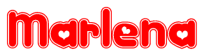 The image is a red and white graphic with the word Marlena written in a decorative script. Each letter in  is contained within its own outlined bubble-like shape. Inside each letter, there is a white heart symbol.