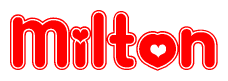 The image is a clipart featuring the word Milton written in a stylized font with a heart shape replacing inserted into the center of each letter. The color scheme of the text and hearts is red with a light outline.