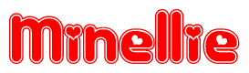 The image is a red and white graphic with the word Minellie written in a decorative script. Each letter in  is contained within its own outlined bubble-like shape. Inside each letter, there is a white heart symbol.