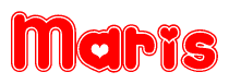 The image is a red and white graphic with the word Maris written in a decorative script. Each letter in  is contained within its own outlined bubble-like shape. Inside each letter, there is a white heart symbol.