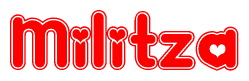 The image is a clipart featuring the word Militza written in a stylized font with a heart shape replacing inserted into the center of each letter. The color scheme of the text and hearts is red with a light outline.