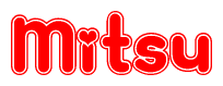 The image is a red and white graphic with the word Mitsu written in a decorative script. Each letter in  is contained within its own outlined bubble-like shape. Inside each letter, there is a white heart symbol.