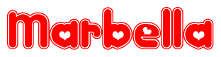 The image is a red and white graphic with the word Marbella written in a decorative script. Each letter in  is contained within its own outlined bubble-like shape. Inside each letter, there is a white heart symbol.