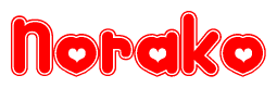 The image is a red and white graphic with the word Norako written in a decorative script. Each letter in  is contained within its own outlined bubble-like shape. Inside each letter, there is a white heart symbol.