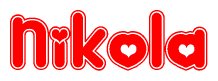 The image is a clipart featuring the word Nikola written in a stylized font with a heart shape replacing inserted into the center of each letter. The color scheme of the text and hearts is red with a light outline.