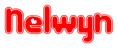 The image is a red and white graphic with the word Nelwyn written in a decorative script. Each letter in  is contained within its own outlined bubble-like shape. Inside each letter, there is a white heart symbol.