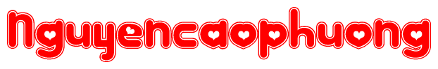 The image is a red and white graphic with the word Nguyencaophuong written in a decorative script. Each letter in  is contained within its own outlined bubble-like shape. Inside each letter, there is a white heart symbol.