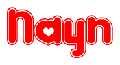 The image is a red and white graphic with the word Nayn written in a decorative script. Each letter in  is contained within its own outlined bubble-like shape. Inside each letter, there is a white heart symbol.