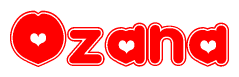 The image is a clipart featuring the word Ozana written in a stylized font with a heart shape replacing inserted into the center of each letter. The color scheme of the text and hearts is red with a light outline.
