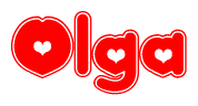 The image is a clipart featuring the word Olga written in a stylized font with a heart shape replacing inserted into the center of each letter. The color scheme of the text and hearts is red with a light outline.