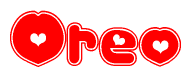 The image is a red and white graphic with the word Oreo written in a decorative script. Each letter in  is contained within its own outlined bubble-like shape. Inside each letter, there is a white heart symbol.