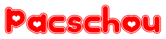 The image displays the word Pacschou written in a stylized red font with hearts inside the letters.