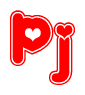 The image is a red and white graphic with the word Pj written in a decorative script. Each letter in  is contained within its own outlined bubble-like shape. Inside each letter, there is a white heart symbol.