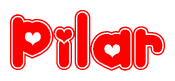 The image is a clipart featuring the word Pilar written in a stylized font with a heart shape replacing inserted into the center of each letter. The color scheme of the text and hearts is red with a light outline.