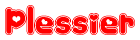The image is a clipart featuring the word Plessier written in a stylized font with a heart shape replacing inserted into the center of each letter. The color scheme of the text and hearts is red with a light outline.