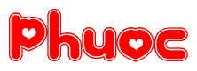 The image is a clipart featuring the word Phuoc written in a stylized font with a heart shape replacing inserted into the center of each letter. The color scheme of the text and hearts is red with a light outline.