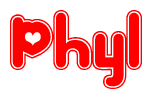 The image is a clipart featuring the word Phyl written in a stylized font with a heart shape replacing inserted into the center of each letter. The color scheme of the text and hearts is red with a light outline.