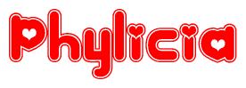 The image is a clipart featuring the word Phylicia written in a stylized font with a heart shape replacing inserted into the center of each letter. The color scheme of the text and hearts is red with a light outline.