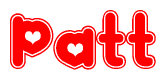 The image is a clipart featuring the word Patt written in a stylized font with a heart shape replacing inserted into the center of each letter. The color scheme of the text and hearts is red with a light outline.