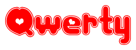 The image is a red and white graphic with the word Qwerty written in a decorative script. Each letter in  is contained within its own outlined bubble-like shape. Inside each letter, there is a white heart symbol.