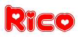 The image is a red and white graphic with the word Rico written in a decorative script. Each letter in  is contained within its own outlined bubble-like shape. Inside each letter, there is a white heart symbol.