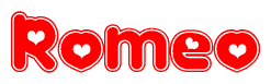 The image displays the word Romeo written in a stylized red font with hearts inside the letters.