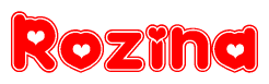 The image is a clipart featuring the word Rozina written in a stylized font with a heart shape replacing inserted into the center of each letter. The color scheme of the text and hearts is red with a light outline.