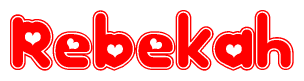 The image is a red and white graphic with the word Rebekah written in a decorative script. Each letter in  is contained within its own outlined bubble-like shape. Inside each letter, there is a white heart symbol.