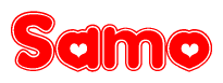 The image is a red and white graphic with the word Samo written in a decorative script. Each letter in  is contained within its own outlined bubble-like shape. Inside each letter, there is a white heart symbol.