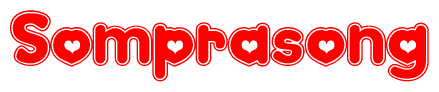 The image is a red and white graphic with the word Somprasong written in a decorative script. Each letter in  is contained within its own outlined bubble-like shape. Inside each letter, there is a white heart symbol.