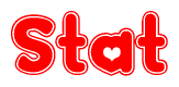 The image is a red and white graphic with the word Stat written in a decorative script. Each letter in  is contained within its own outlined bubble-like shape. Inside each letter, there is a white heart symbol.