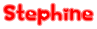 The image is a red and white graphic with the word Stephine written in a decorative script. Each letter in  is contained within its own outlined bubble-like shape. Inside each letter, there is a white heart symbol.