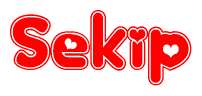 The image is a red and white graphic with the word Sekip written in a decorative script. Each letter in  is contained within its own outlined bubble-like shape. Inside each letter, there is a white heart symbol.