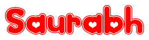 The image is a red and white graphic with the word Saurabh written in a decorative script. Each letter in  is contained within its own outlined bubble-like shape. Inside each letter, there is a white heart symbol.