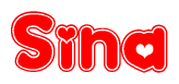 The image is a clipart featuring the word Sina written in a stylized font with a heart shape replacing inserted into the center of each letter. The color scheme of the text and hearts is red with a light outline.