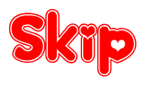 The image is a clipart featuring the word Skip written in a stylized font with a heart shape replacing inserted into the center of each letter. The color scheme of the text and hearts is red with a light outline.