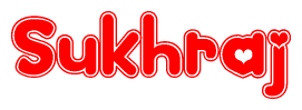 The image is a clipart featuring the word Sukhraj written in a stylized font with a heart shape replacing inserted into the center of each letter. The color scheme of the text and hearts is red with a light outline.